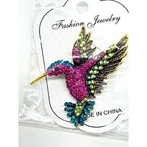 Fashion Jewelry Hummingbird Brooch Pink Blue Green Rhinestone Gold Tone Pin NEW